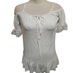Lava White Cold Shoulder Lace Trim Keyhole Tie Ruffle Hem Rayon M whimsy fairy